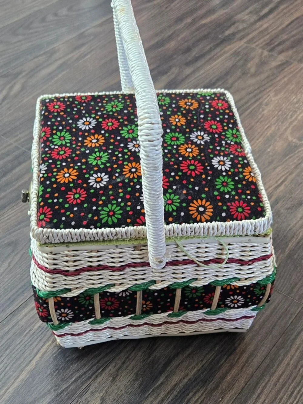 Vintage 1970s Retro Wicker & Padded Fabric Top Sewing Basket